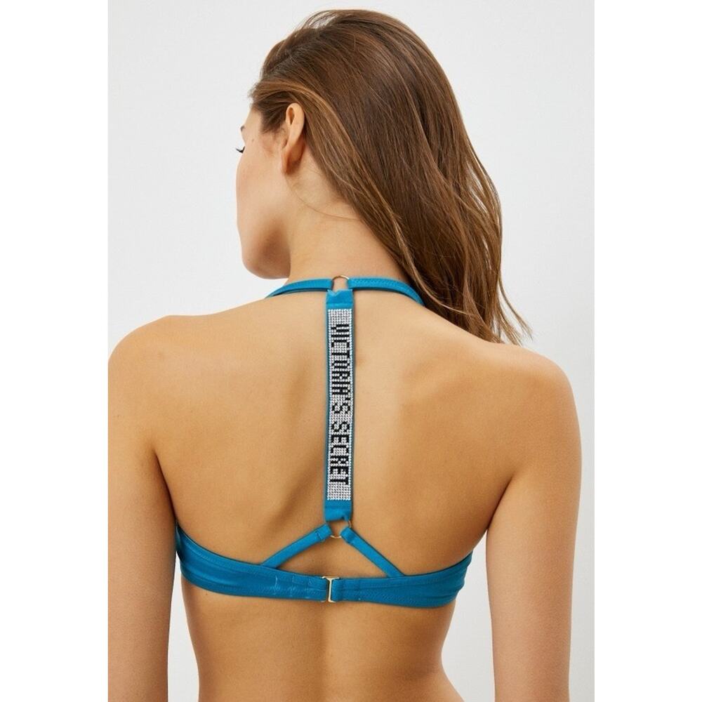NWT Victoria’s Secret Swim Bikini Set Blue Rhinestone Logo 34C Top M Bottom